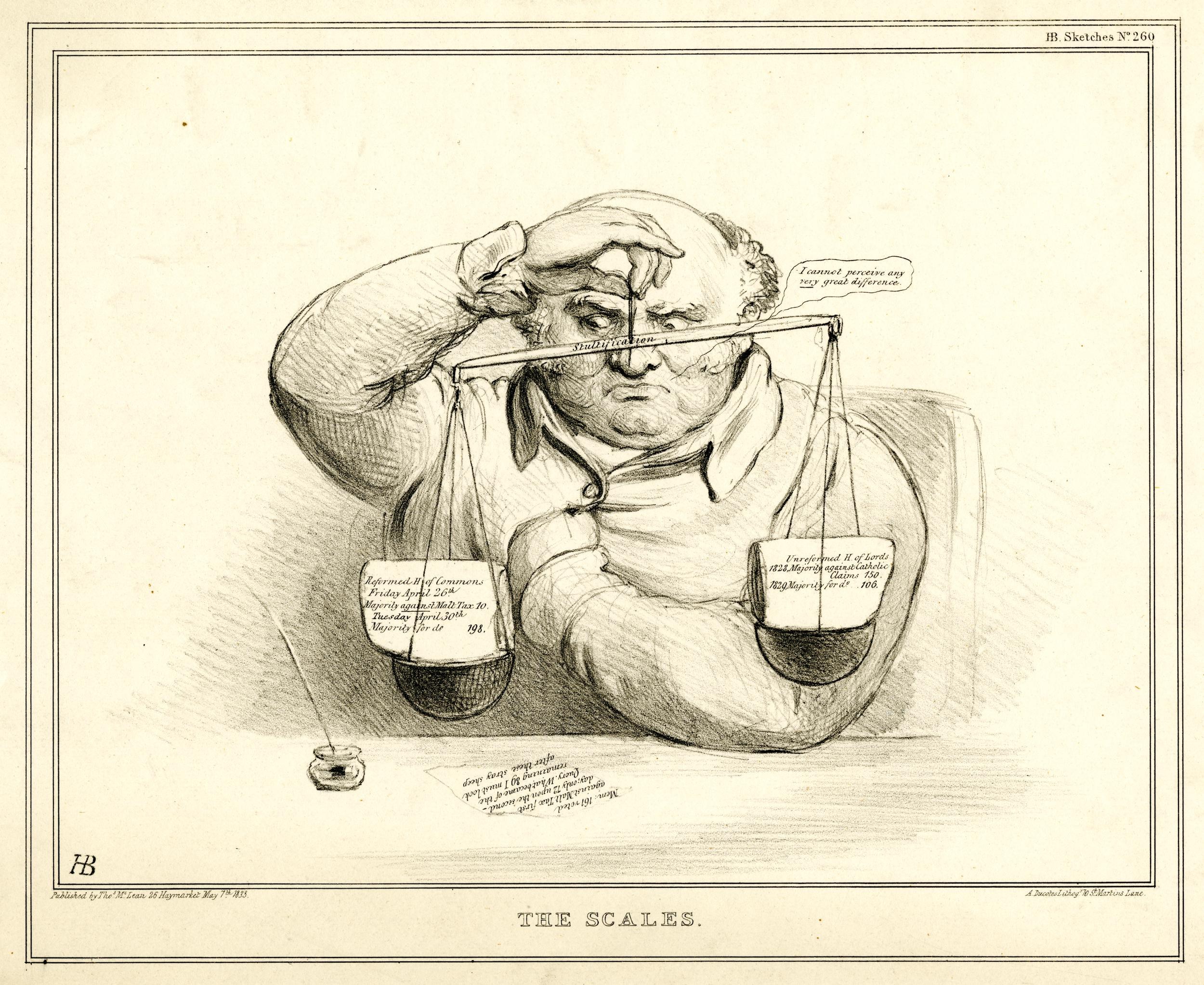 Ein Mann in Anzug sitzt an einem Tisch mit einer Waage vor sich, die er mit Texten und Zahlen versehene Papiere überprüft, dabei einen entschlossenen Gesichtsausdruck zeigend.