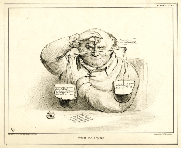 Ein Mann in Anzug sitzt an einem Tisch mit einer Waage vor sich, die er mit Texten und Zahlen versehene Papiere überprüft, dabei einen entschlossenen Gesichtsausdruck zeigend.