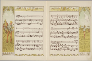 Ein aufgeschlagenes Buch mit dem Titel "Die Musik der Welt" und einer Illustration eines Mannes in Hut, der einen Stab hält, und einer Frau in Kleid, die einen Blumenkorb hält, beide mit Musikinstrumenten, vor einem grünen Rasen und einem blauen Himmel.