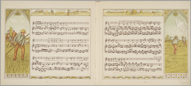 Ein aufgeschlagenes Buch mit dem Titel "Die Musik der Welt" und einer Illustration eines Mannes in Hut, der einen Stab hält, und einer Frau in Kleid, die einen Blumenkorb hält, beide mit Musikinstrumenten, vor einem grünen Rasen und einem blauen Himmel.