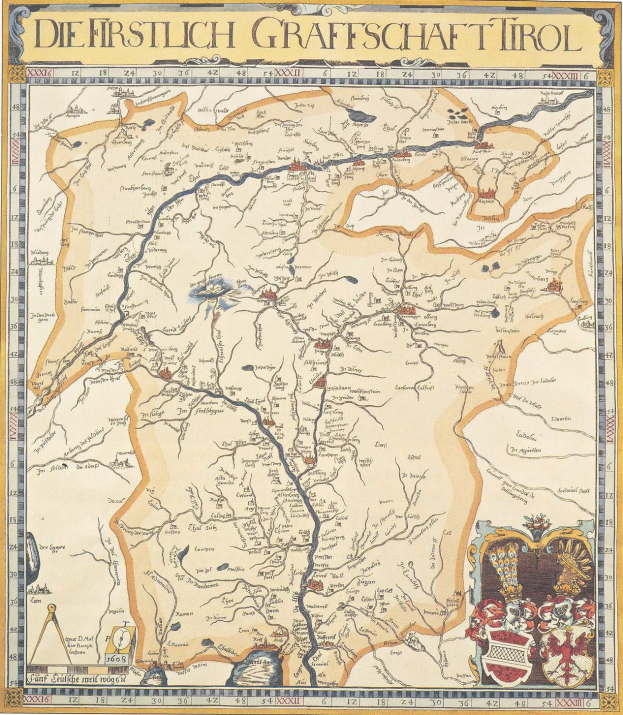 Detailliertes historisches Plakat der ersten Grafschaft Tirol-Karte, das geografische Merkmale wie Flüsse, Berge und Städte zeigt, mit begleitendem Text über die Region und ihre Bewohner.