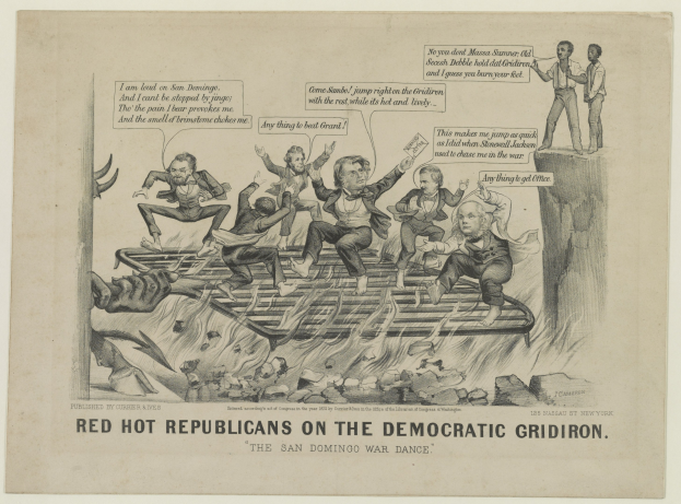 Eine Zeichnung auf Papier zeigt rote Figuren, die als 'Republikaner' bezeichnet werden, auf einem blauen Rasters, das als 'demokratisch' bezeichnet wird, mit übertriebenen verzerrten Gesichtern und erhobenen Armen, begleitet von fettem schwarzem Text, der Dringlichkeit betont.