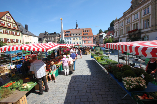 Ein lebendiger Markt in Heidelbergs altem Stadtzentrum mit Menschen, die gehen, sitzen und stehen, zwischen Zelten mit Körben voller Gemüse, vor einer Kulisse aus Gebäuden, Bäumen und einem klaren blauen Himmel.