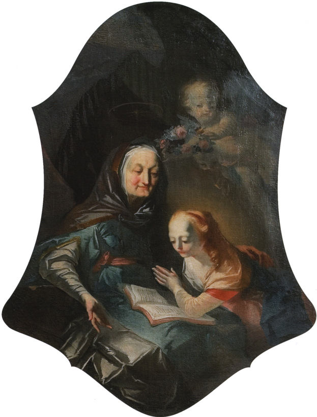 Ein Bild einer Frau in einem wei├čen Kleid, die einem Kind ein Buch vorliest, mit beiden Figuren, die von einem warmen Licht gegen einen wei├čen Hintergrund beleuchtet werden.