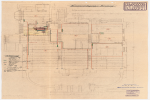 Schwarz-weißer Architekturplan des Rosenhof-Krankenhauses in Hamburg, Deutschland, mit detaillierten Entwürfen mit zahlreichen Drähten, Räumen, Fluren und Textanmerkungen auf vergilbtem Papier.