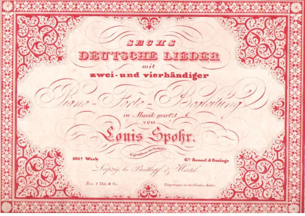 Altes deutsches Aktienzertifikat mit der Aufschrift "Louis Spohr - Zweites Deutsches Lieder" und einem roten Rand und einem weißen Hintergrund.