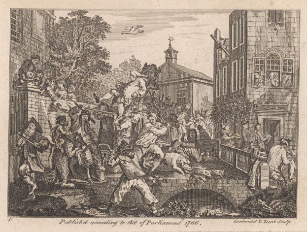 Eine Schwarz-Weiß-Radierung einer Gruppe von Menschen in einer Stadtlandschaft mit Gebäuden, Bäumen und Himmel, mit Text unten, der "The Act of Parliament 1706" lautet.