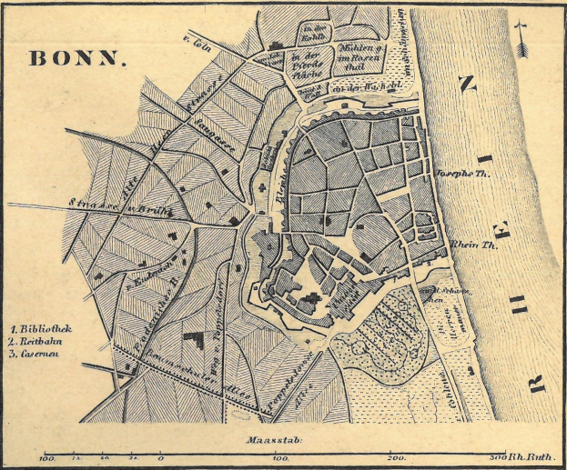Detailierte alte Karte von Bonn, Deutschland, mit Straßen, Gebäuden und Landmarken mit Textanmerkungen.