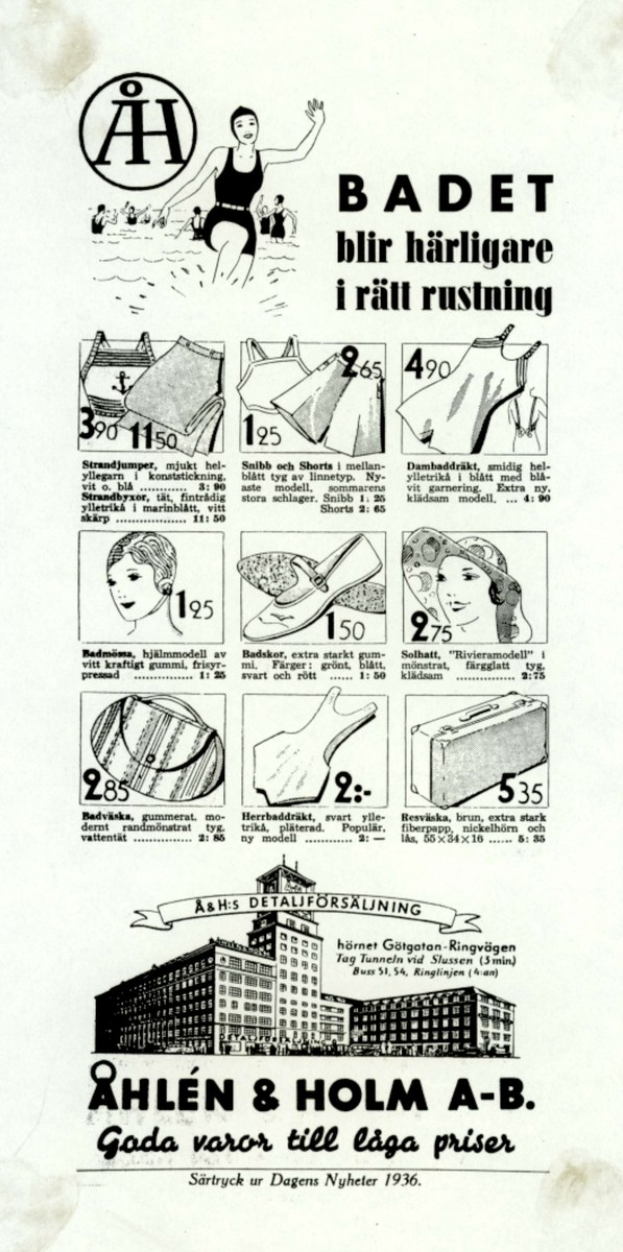 Frau in einem weißen Bikini mit blauen und weißen Streifen, trägt einen Pferdeschwanz und schaut direkt in die Kamera in einer Werbung umgeben von Bildern von Menschen, Gebäuden und fetter Schrift.