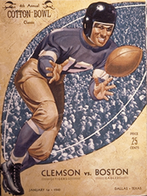 Ein Plakat mit einem Football-Spieler in einem Helm, der einen Football hält, mit der Aufschrift "Cotton Bowl Cleveland vs Boston" darüber, der eine entschlossene Miene zeigt.