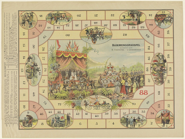 Brettspiel mit zirkusähnlichem Design, das nummerierte Felder, Bilder von Menschen, Tieren, Pflanzen und Gegenständen sowie etwas Text auf dem Brett enthält.