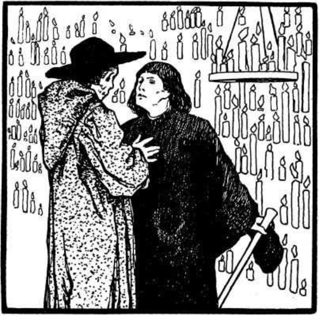 Schwarze und weiße Illustration eines Mannes mit einem Stock und einer Frau neben ihm vor einer Wand aus Kerzen, mit dem Text "Das Buch Mormon" unten.