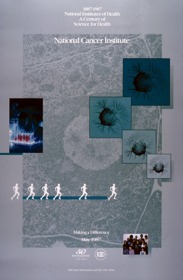 Buntes Plakat für das National Cancer Institute mit einem blauen Hintergrund und weißer Schrift, das einen Kreis aus Bildern von lächelnden Menschen verschiedenen Alters, Geschlechts und Ethnien um den fetten, großgeschriebenen Titel "National Cancer Institute" zeigt.