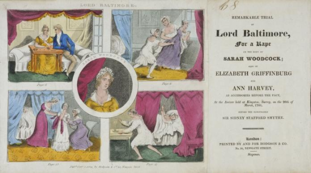 Eine historische Illustration, die einen Prozess mit Porträts, Vorhängen und Text auf einem Blatt Papier zeigt.