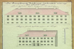 Eine Zeichnung eines 17. Jahrhundert deutschen Schulgebäudes, das Schlossfrauenhaus, mit einem roten Dach, begleitet von erklärendem Text.