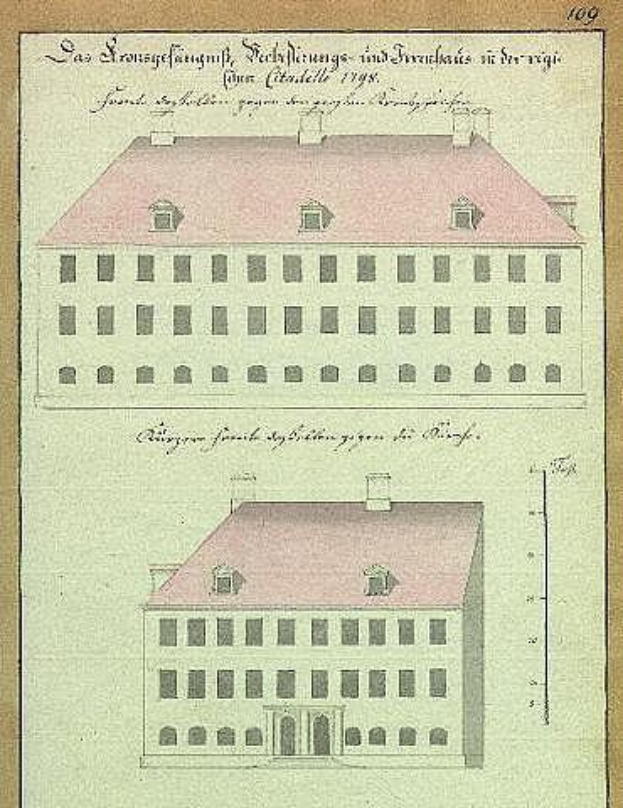 Eine Zeichnung eines 17. Jahrhundert deutschen Schulgebäudes, das Schlossfrauenhaus, mit einem roten Dach, begleitet von erklärendem Text.
