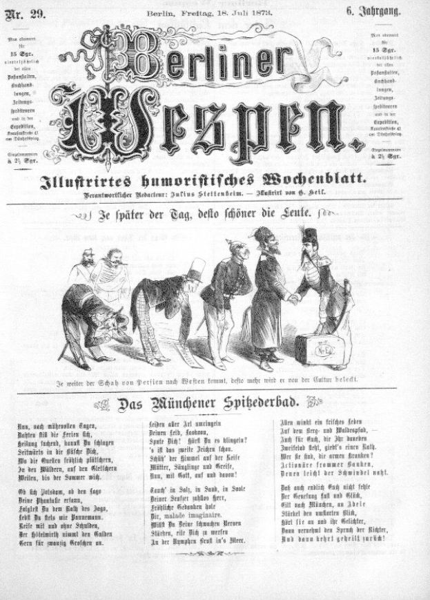 Alte Zeitung aus "Berliner Wespen", Juli 1873, mit einer Karikatur eines besorgten Mannes mit Zylinder und Frau in einem Kleid.