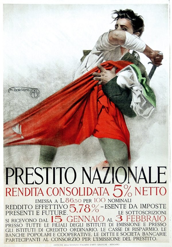 Ein Plakat mit einem Mann in einem weißen Hemd, der ein rotes Tuch hält, mit der Aufschrift "Prestito Nazionale Rendita Consolidata 5% Netto" darüber.