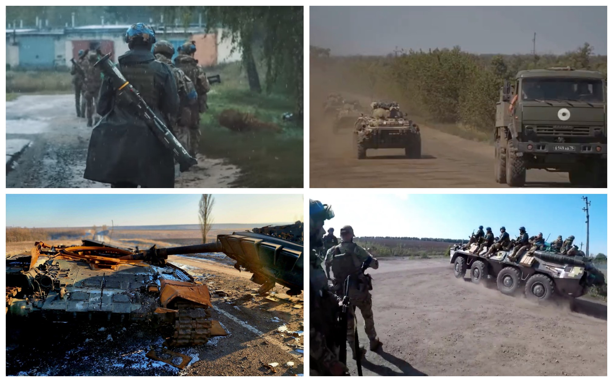 Vier Bilder von ukrainischen Soldaten im Einsatz: Eine Gruppe mit Waffen in der Nähe von Fahrzeugen und Umgebung, ein Panzer auf der Straße, Soldaten in Fahrzeugen und ein zerstörtes Fahrzeug, die jüngste militärische Aktivität darstellend.