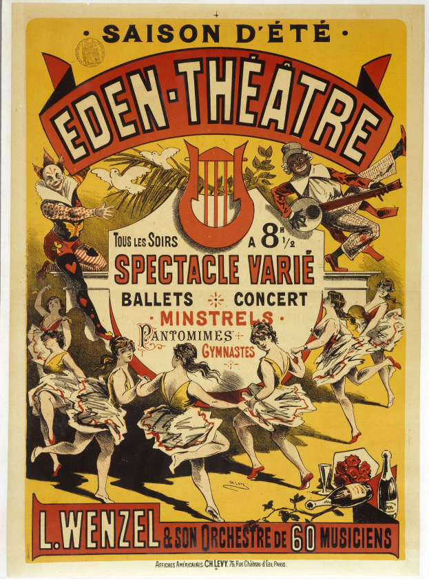 Plakat für das Eden Theatre in Paris mit einer lebendigen Illustration von tanzenden Menschen in einem Kreis, darüber in fetter Schrift 'Eden Theatre' und einem leuchtend gelben Hintergrund.