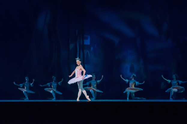 Eine Ballerina in einem rosafarbenen Tutu und Spitzenschuhen tanzt auf einer Bühne umgeben von anderen Tänzern in ähnlichen Kostümen, mit einem dunklen Hintergrund, der eine dramatische Atmosphäre schafft.