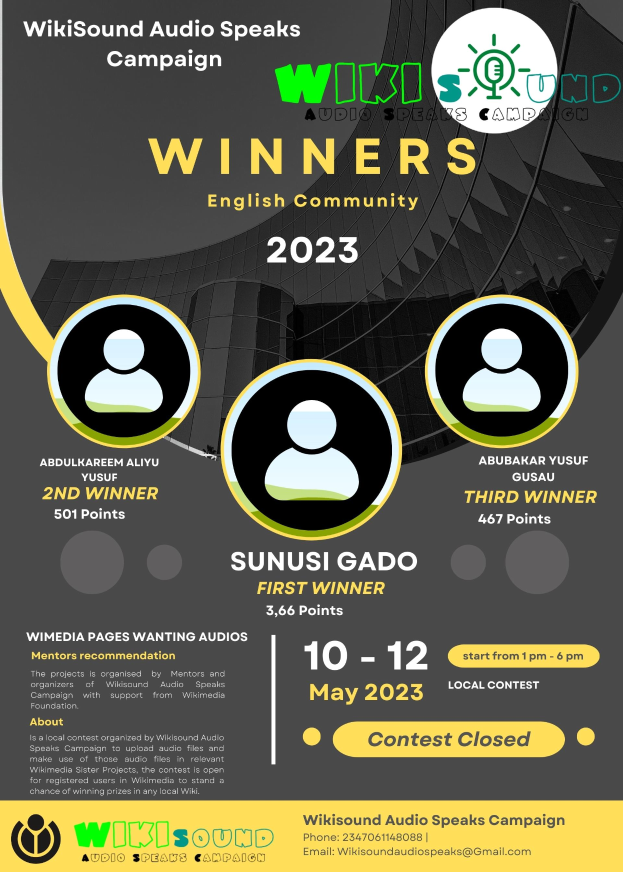 Ein buntes Plakat mit einem blauen Hintergrund und gelben und weißen Buchstaben, die "Gewinner" in fetter Schrift zeigen, mit mehreren lachenden Menschen in der Mitte.