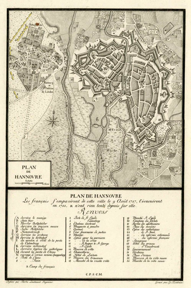 Detailiertes altes Stadtplan von Hannover, Deutschland, mit Straßen, Gebäuden und Sehenswürdigkeiten mit begleitendem Text über die Stadt.