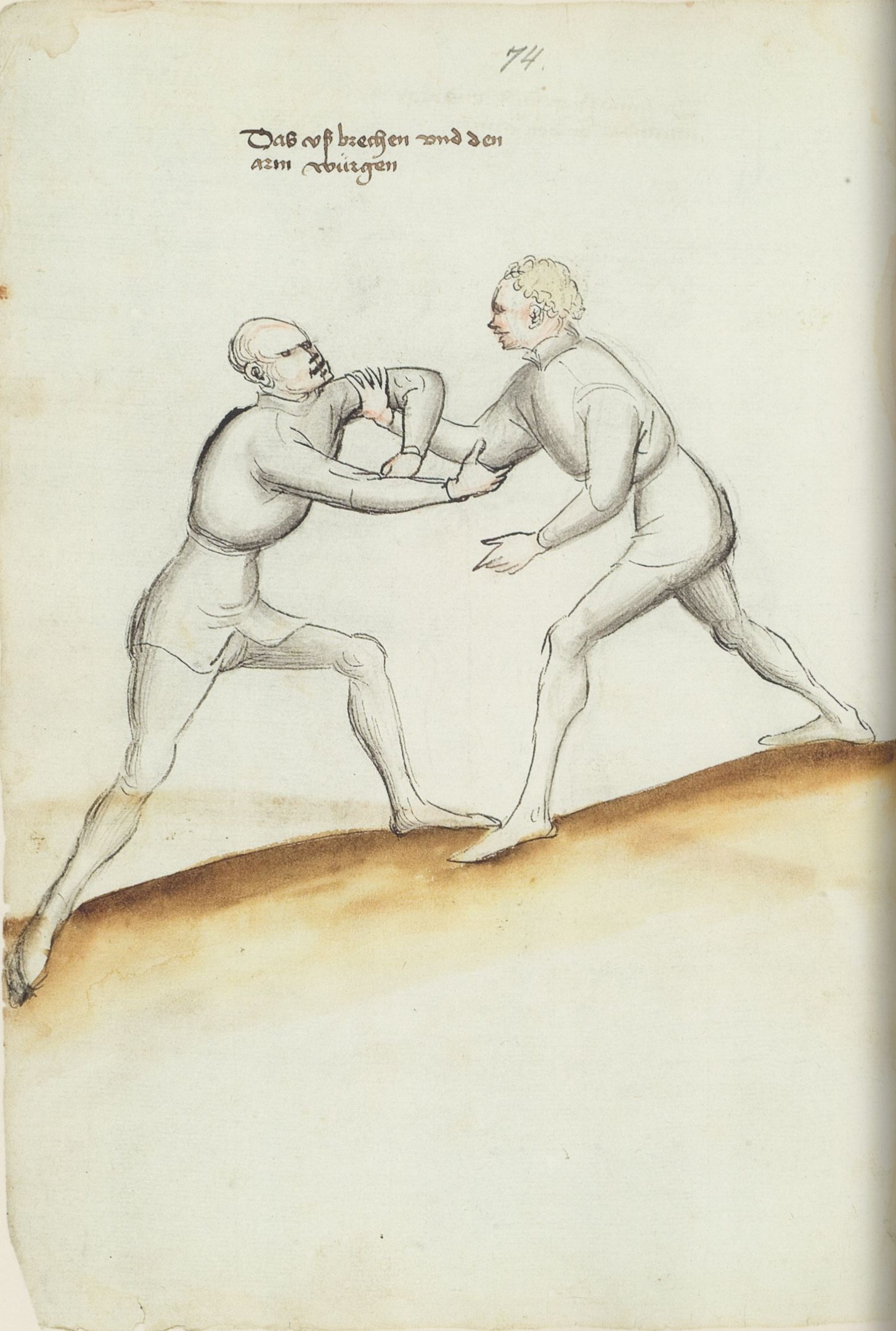 Zwei Männer in tätlichem Streit, einer schlägt auf den anderen ein, auf einem Papier mit Text.