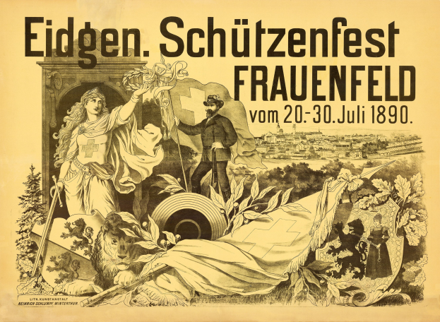 Alter Plakatentwurf für das Eidgenössische Schützenfest in Frauenfeld, Deutschland, mit einem Mann im Anzug und einer Frau im Kleid nebeneinanderstehend und Ereignisinformationen im Text.