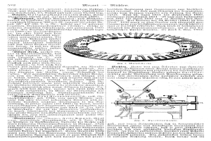 Eine Seite aus einem Buch mit einer Zeichnung einer Kreismaschine, betitelt als die erste Seite des deutschen Patents 558, veröffentlicht im Jahr 1881, mit begleitendem Text.