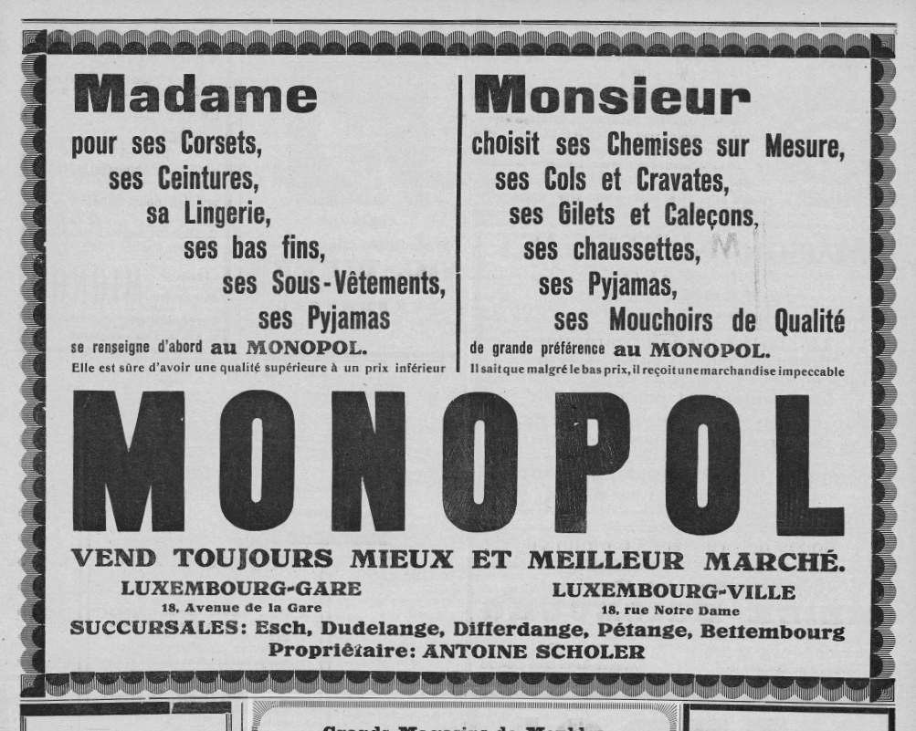 Schwarze und weiße Zeitungsanzeige für das Monopoly-Brettspiel mit Text, der die Funktionen beschreibt.