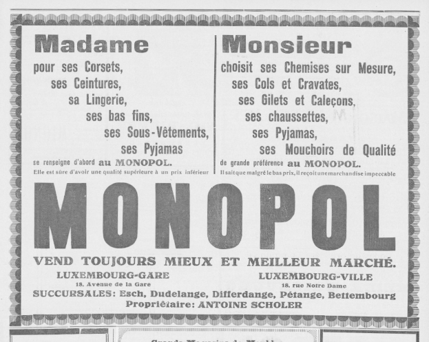 Schwarze und weiße Zeitungsanzeige für das Monopoly-Brettspiel mit Text, der die Funktionen beschreibt.