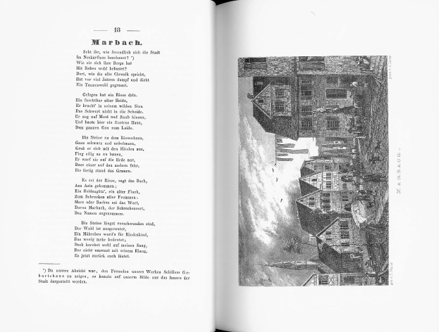 Offenes Buch mit dem Titel 'Die Geschichte Deutschlands' zeigt eine Schwarz-Weiss-Illustration einer Stadtlandschaft mit Gebauden, Menschen und Himmel, begleitet von Text.