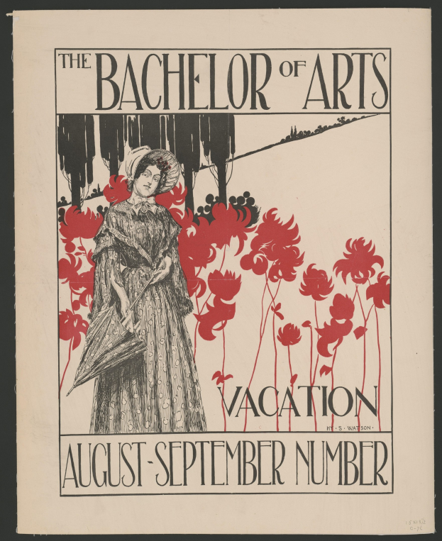 Plakat mit schwarzem Hintergrund, das eine Frau in einem weißen Kleid mit blauer Stola und federgeschmücktem Hut zeigt, die in einem Feld gelber Blumen unter einem blauen Himmel steht, betitelt "The Bachelor of Arts Vacation August-September Number" in weißer fetter Schrift mit goldenem Rand.