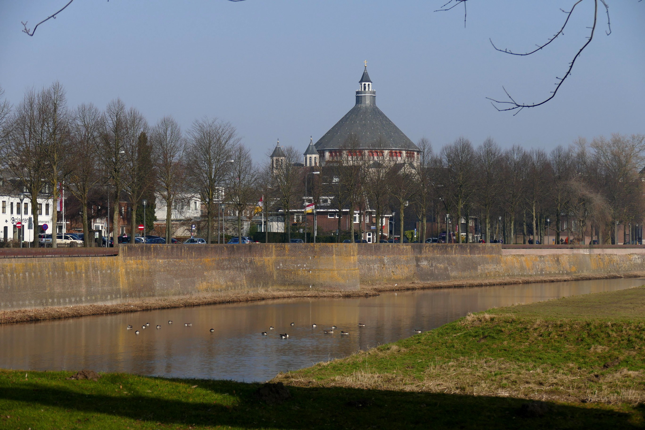 Ein Fluss mit schwimmenden Enten, umgeben von grünem Gras und Bäumen, mit Gebäuden, Fahrzeugen, Polen, Flaggen und einem klaren blauen Himmel im Hintergrund.