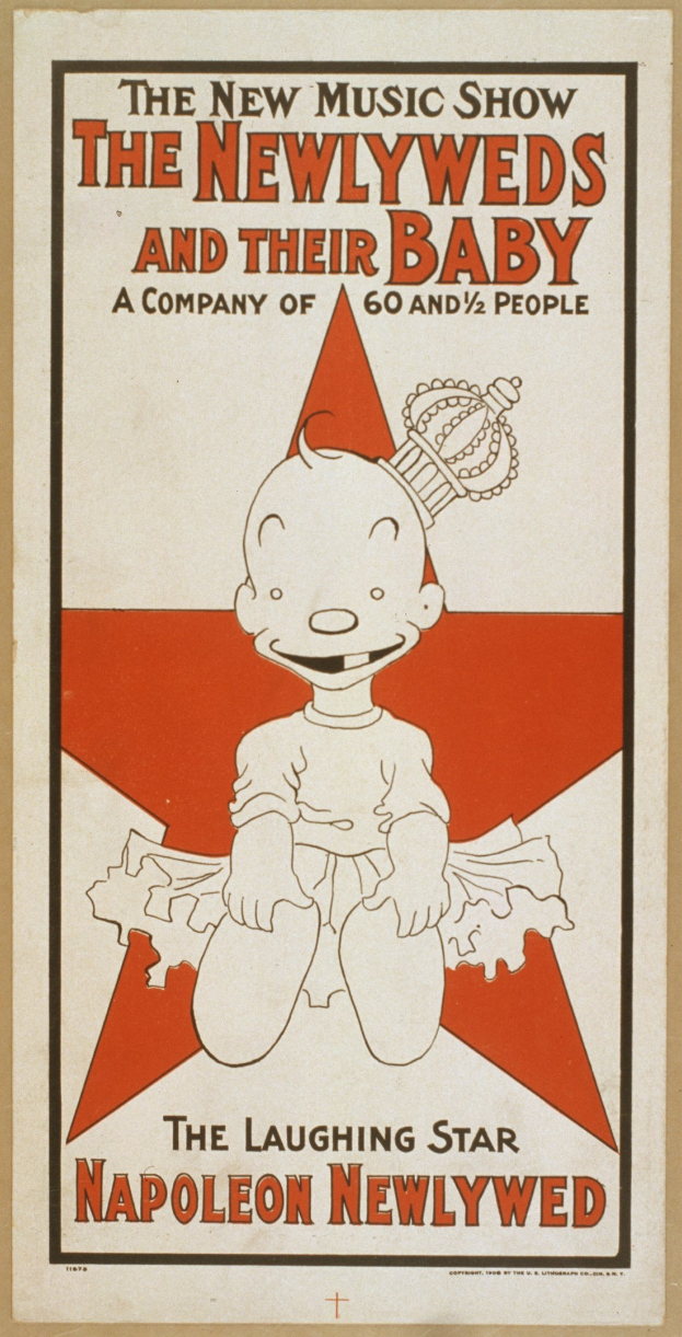 Plakat für "The New Music Show: Die Neuvermählten und ihr Baby" mit einer Cartoon-Baby in einem weißen Strampler mit einer pinken Krawatte, das gegen einen hellblauen Hintergrund mit verstreuten Sternen lächelt und in fetter schwarzer Schrift.