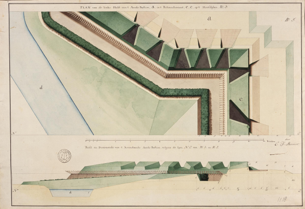 Eine handgezeichnete Architekturplan auf Papier mit grüner Gras-Illustration und Textanmerkungen.