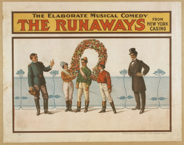 Plakat für "The Elaborate Musical Comedy Runaways" im New York Casino, das eine Gruppe von Menschen in einer Reihe zeigt, wobei einer einen Blumenstrauß hält, und einen Text, der die Komödie beschreibt.