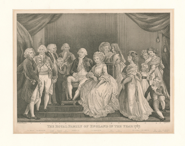 Eine Gruppenporträtaufnahme der englischen Königsfamilie im Jahr 1787, die auf einer Treppe steht und sitzt, mit Vorhängen im Hintergrund und Text unten.
