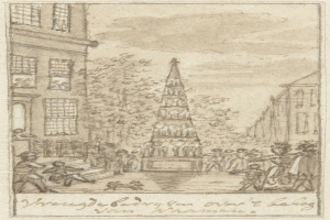 Eine Zeichnung einer Stadtstraße mit einem Glockenturm im Hintergrund, umgeben von Gebäuden, Bäumen und Menschen, mit Text unten lesend 'Vreugdebadryt van van't baby van nassau'.