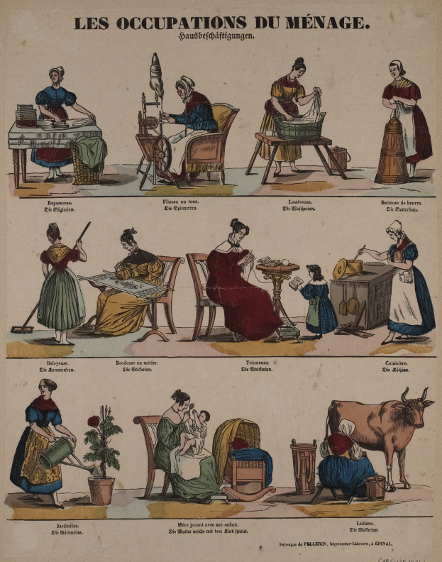 Ein Plakat aus dem 19. Jahrhundert, das gender-spezifische Berufe zeigt, mit sitzenden und stehenden Figuren sowie Gegenständen wie einer Kuh und einem Topf mit einer Pflanze, sowie begleitendem Text.
