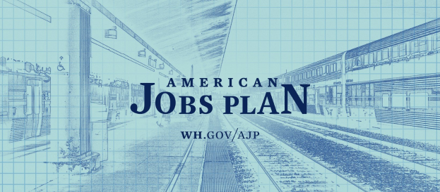 Blaupause einer Bahnhof mit der Beschriftung "American Jobs Plan" und einem Zug auf der rechten Seite.