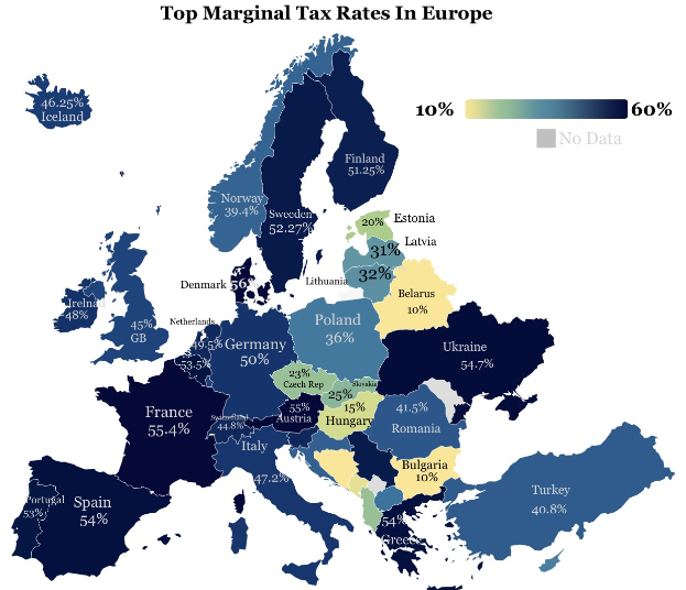 Eine Europa-Karte mit Farben, die die Spitzensätze der Einkommensteuer pro Land anzeigen, mit der Überschrift "Spitzensätze der Einkommensteuer in Europa."