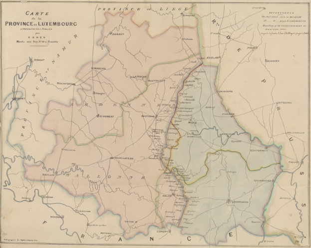 Ein detailliertes altes Kartenmaterial der Provinzen Luxemburgs, das Grenzen, Namen, Städte und geografische Merkmale mit begleitendem Text zeigt.