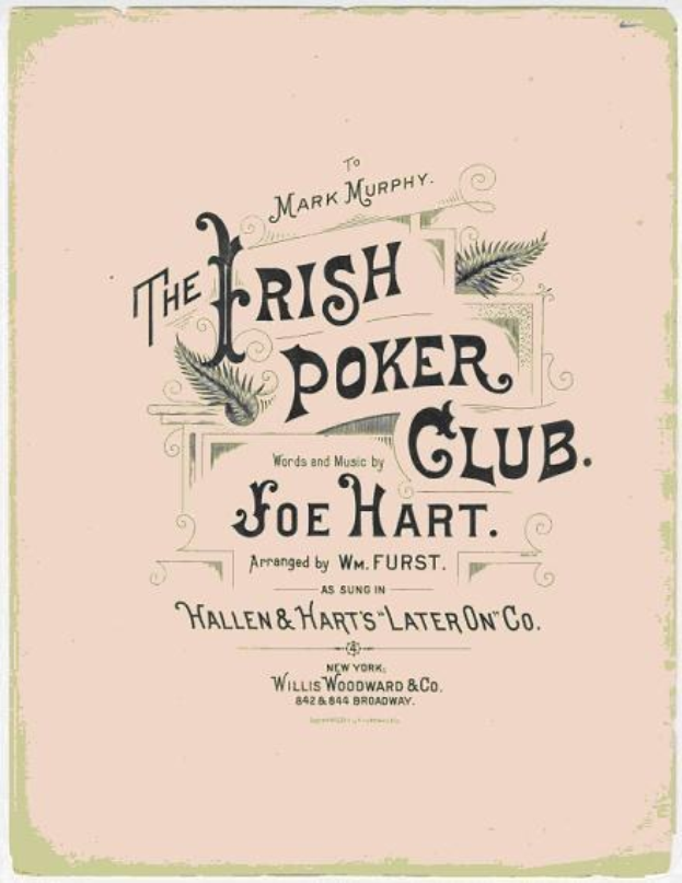 Plakat für "The Irish Poker Club" mit fetter schwarzer Schrift auf einem weißen Hintergrund, eingerahmt von einem schwarzen Rand, mit einer bunten Kleeblatt-Illustration.