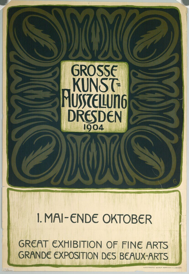 Plakat für die Große Ausstellung der Schönen Künste auf der Grand Exposition des Beaux-Arts in Dresden, Deutschland, 1904, mit fett gedrucktem Text, der das Ereignis ankündigt.