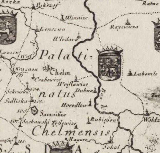 Detailierte historische Karte der Pfälzer Stadt mit Straßen, Gebäuden und Sehenswürdigkeiten, mit klassischer Typografie und symmetrischen Logos in Blau-, Grün- und Gelbtönen.