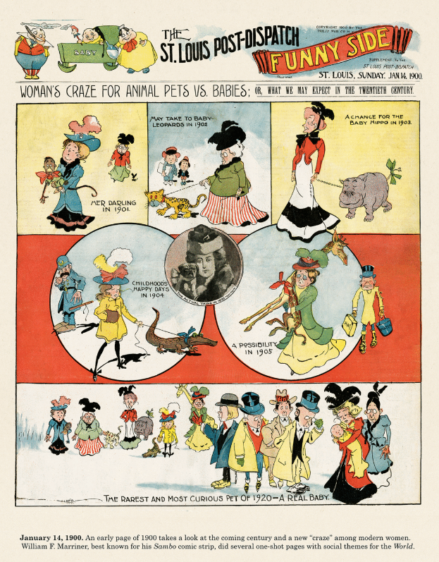 Eine Zeitungsseite aus der St. Louis Post-Dispatch Funny Side mit farbenfrohen, humorvollen Illustrationen von Menschen, Tieren und Gegenständen sowie unterhaltsamem Text.