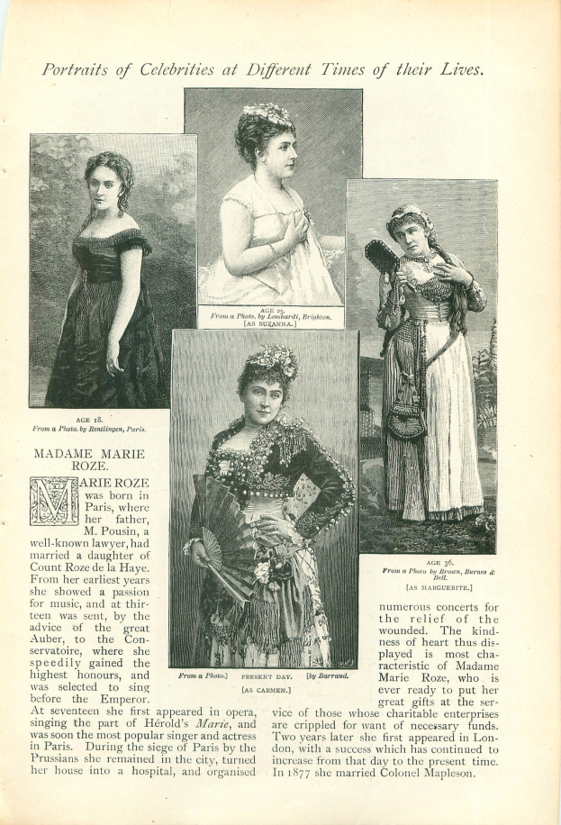 Ein altes Buch mit dem Titel "Porträts von Promis zu verschiedenen Zeiten ihres Lebens" zeigt ein zentrales Bild einer Frau in einem langen, fließenden Kleid mit einem hohen Kragen und langen Ärmeln und einem strengen Gesichtsausdruck.