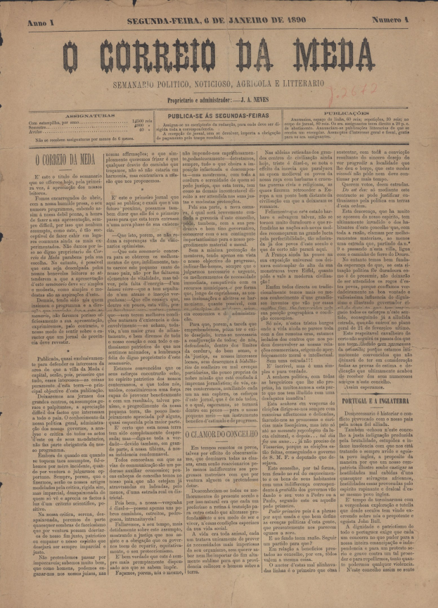 Altes gelbliches Zeitungsblatt mit der Schlagzeile "O Correio da Media" in schwarzer Schrift, der Mittelpunkt des Bildes.